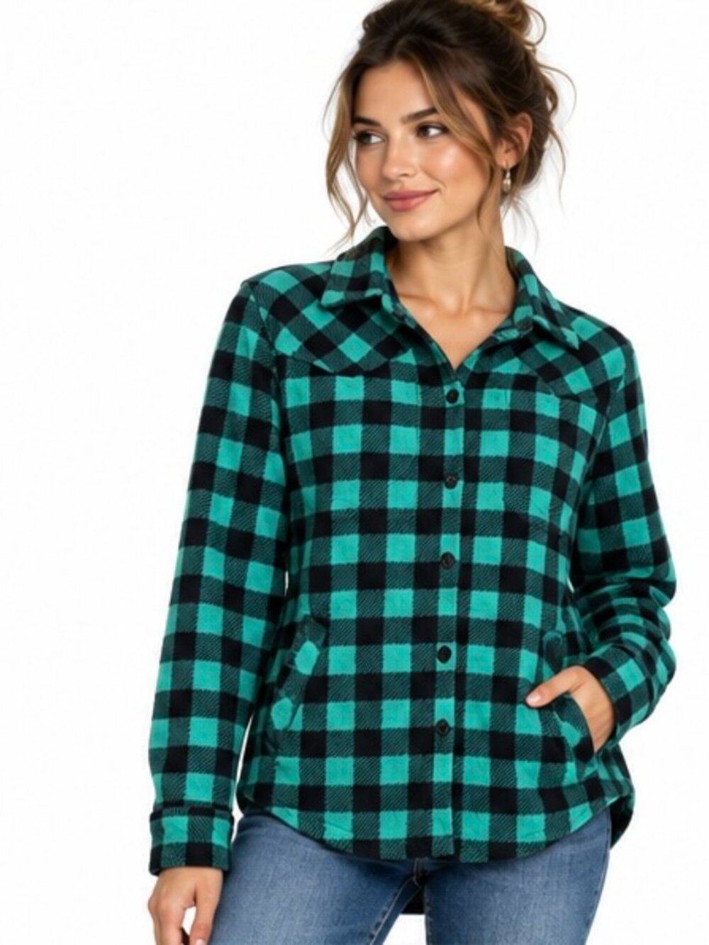 Outback Trading Co Women's M Turquoise Black Plaid Fleece Shirt Jacket Western